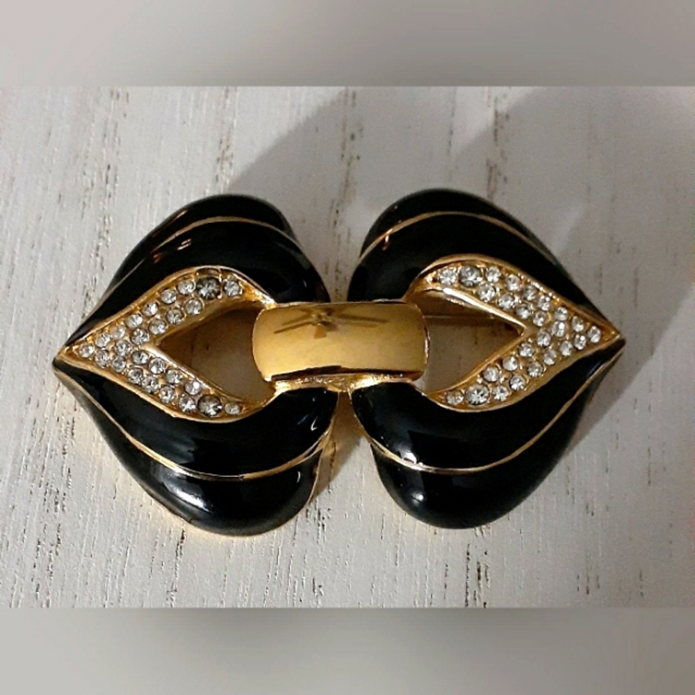 Vintage Swarovski S.A.L. Black Enamel and Clear Crystal Brooch '80's
